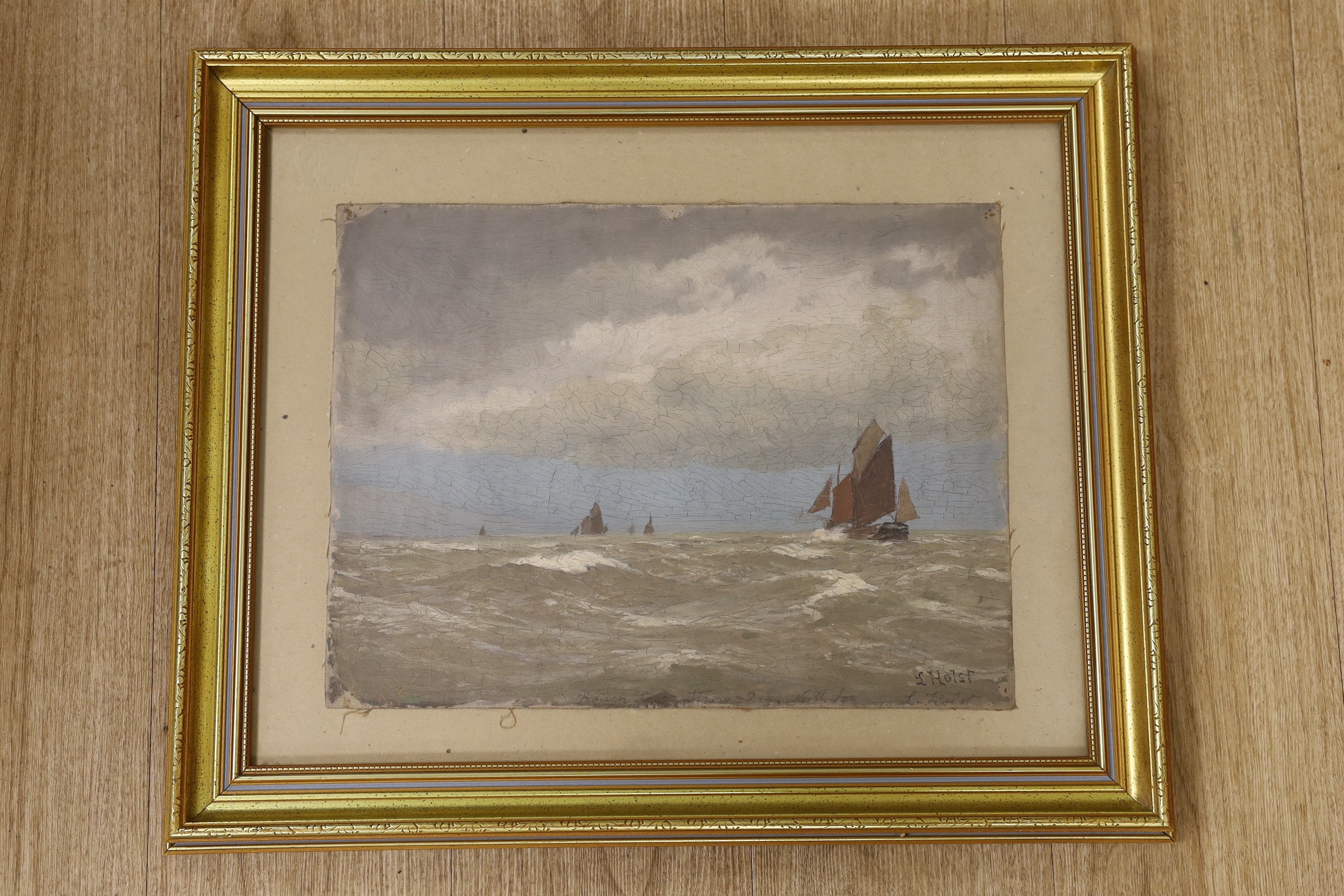 Lauritz Bernard Holst (Danish, 1848-1934), oil on canvas, sketch of fishing boats at sea, signed, 31 x 42cm